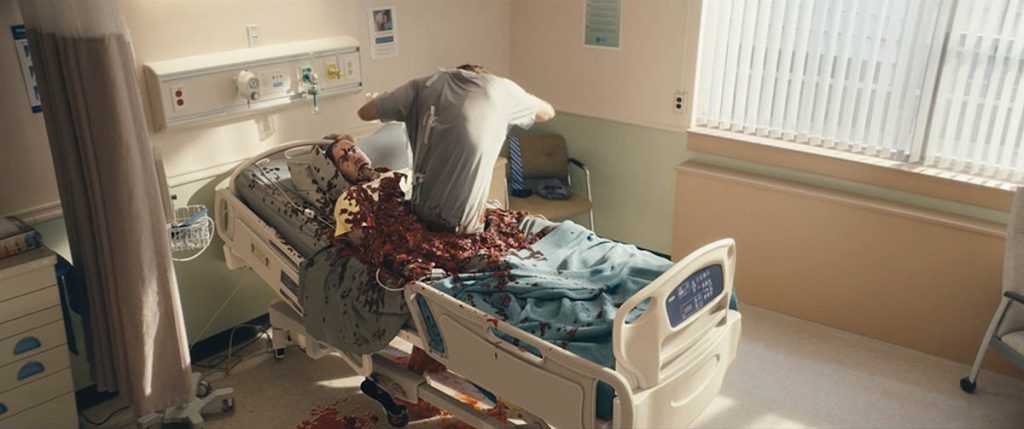 One of most ambitious effects for Season 4 of The Boys was Splinter, who has the ability to duplicate himself. The sequence required eight hours of rehearsal, six hours of filming, for one shot. The final effect was a mix of prosthetic cover-up pieces and VFX face replacement.(Image courtesy of Prime Video) 